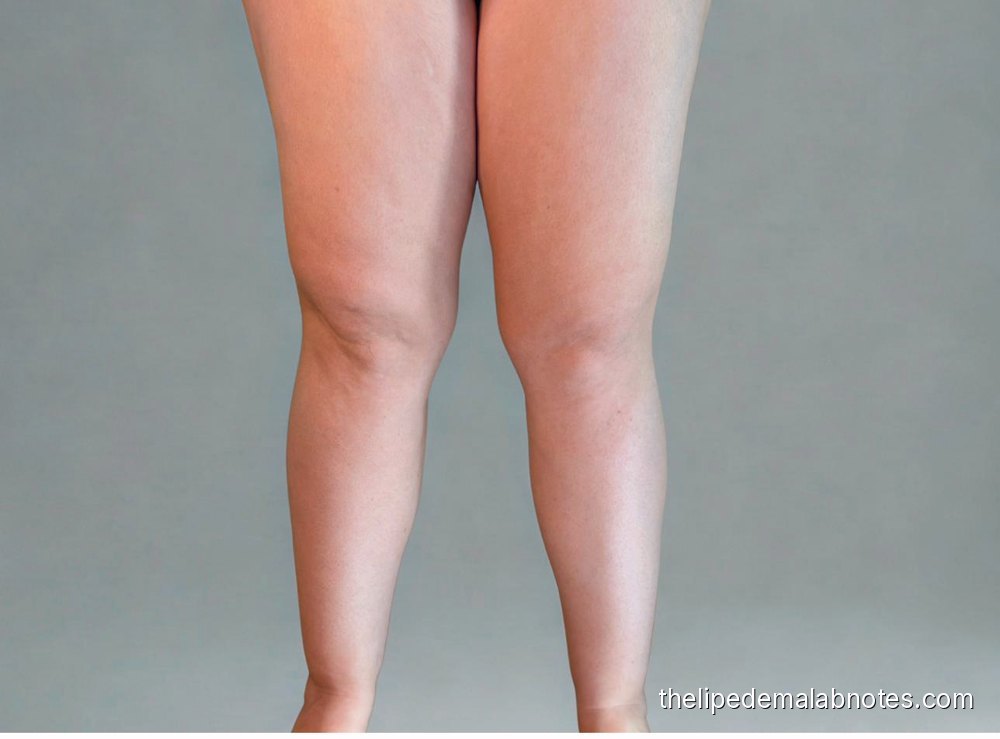 Lipedema legs from the front, after four months of at-home cavitation, June 2025