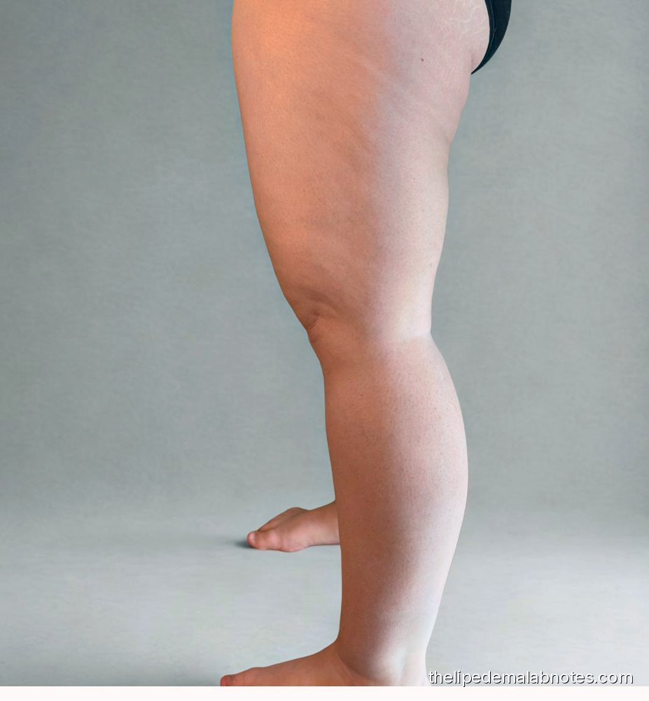Lipedema leg in profile, after four months of at-home cavitation, June 2025