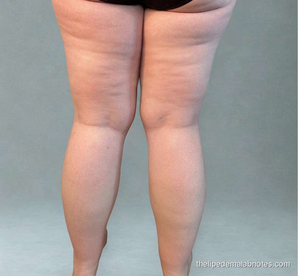 Lipedema legs from the back, before at-home cavitation, January 2025