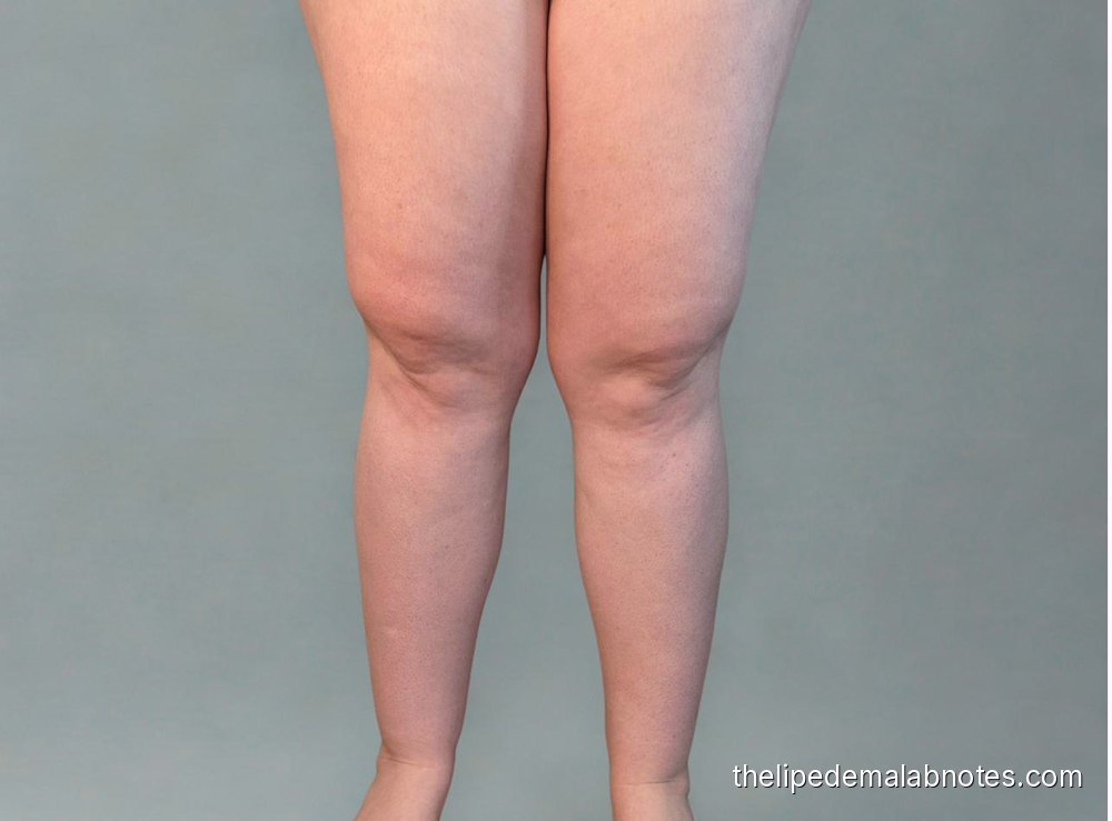 Lipedema legs from the front, before at-home cavitation, January 2025