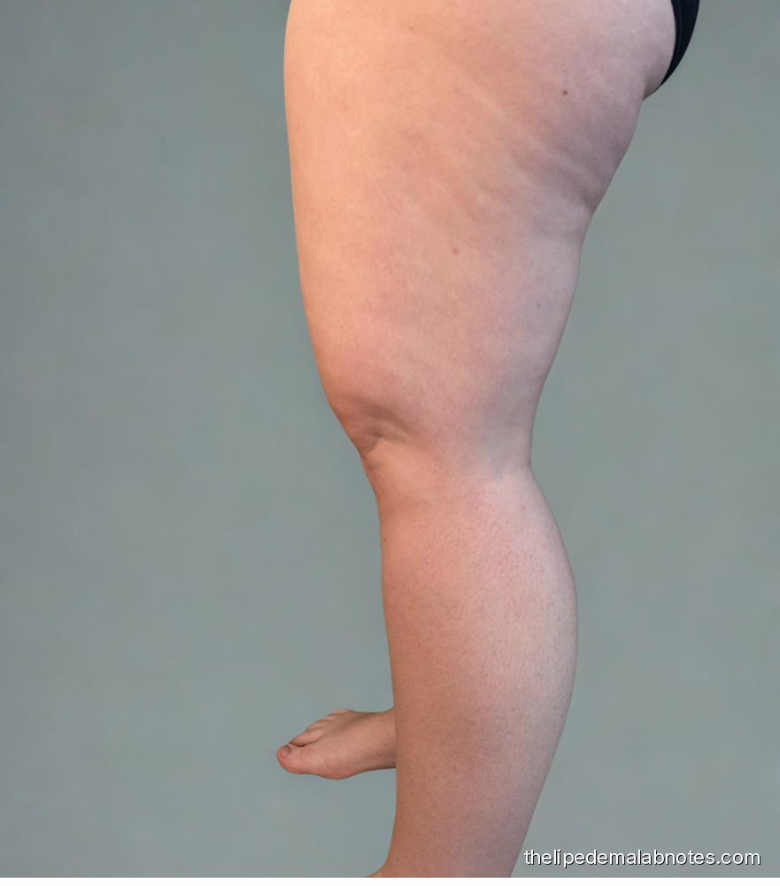 Lipedema leg in profile, before at-home cavitation, January 2025